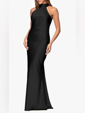 Xscape Evenings Black Halter Tie Neck Satin Sheath Gown size 4